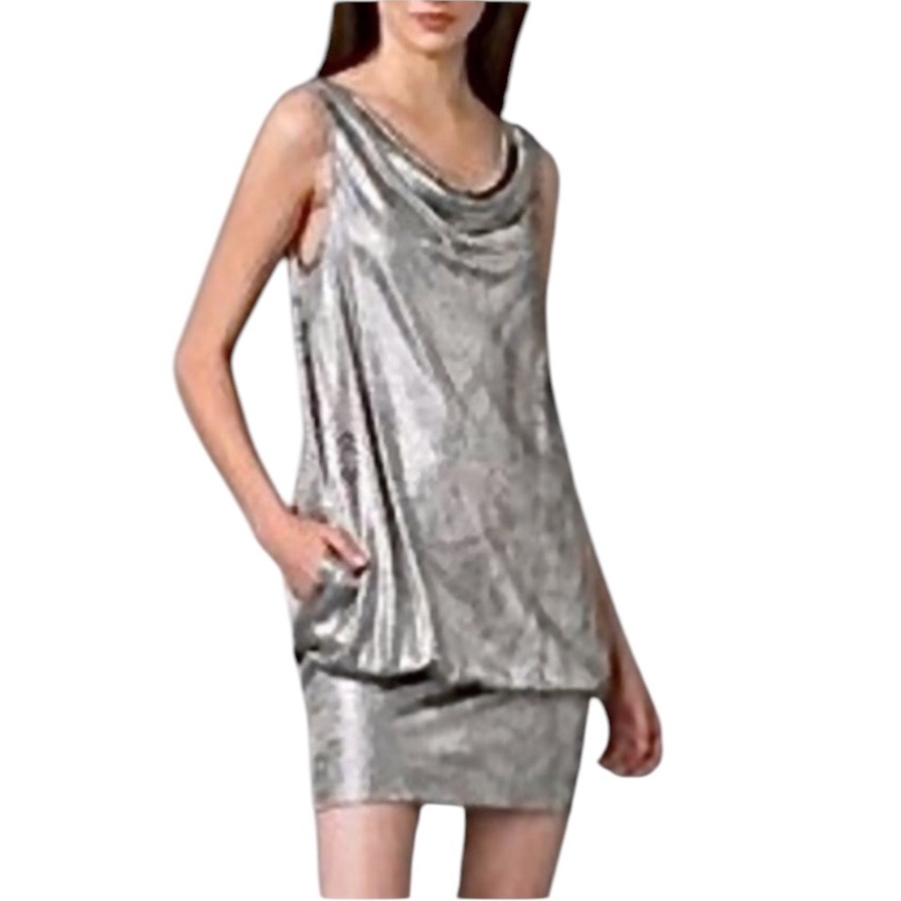 DVF Diane Von Furstenberg size 10 Silver Metallic Sleeveless Draped Dress